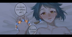  1boy 1other bed_sheet blue_hair blush bracelet commentary earrings english_text ethylene_ty genshin_impact glowing glowing_jewelry highres holding holding_hands jewelry long_sleeves looking_at_viewer lying male_focus on_back open_mouth otoko_no_ko short_hair simple_background single_earring smile solo_focus speech_bubble sweat tassel tassel_earrings xingqiu_(genshin_impact) yellow_eyes 