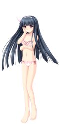  alpha_(yukai_na_nakamatachi) barefoot bikini black_hair blunt_bangs bow bow_hairband breasts cleavage collarbone female floating_hair frilled_bikini frills full_body game_cg hairband hairbow hand_on_own_cheek hand_on_own_face hayakawa_yuriko highres long_hair navel parted_lips purple_eyes red_ribbon ribbon small_breasts solo standing swimsuit tachi-e transparent_background very_long_hair w.l.o_sekai_ren&#039;ai_kikou white_bikini white_bow white_hairband 