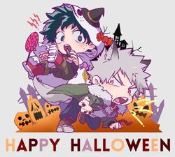  2boys animal_ears bakugou_katsuki black_nails blonde_hair boku_no_hero_academia brown_footwear candy chains chibi chibi_only collar fence fingernails food ghost_costume green_eyes green_hair green_jacket grey_background happy_halloween hat jack-o&#039;-lantern jacket lollipop male_focus maneki-neko_(fujifuji) midoriya_izuku multiple_boys open_mouth red_collar red_eyes red_footwear sharp_fingernails simple_background spiked_hair tail werewolf_costume witch_hat wolf_ears wolf_tail 