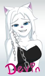  anthro big_breasts blue_eyes breasts chains devin_(yeetboi420z) domestic_cat dominant dominant_female felid feline felis female first_person_view fur hair hi_res mammal smile smirk solo white_body white_fur white_hair yeetboi420z 