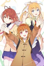  3girls :d air_(visual_novel) antenna_hair arms_up backpack bag black_bag blonde_hair blue_dress blue_skirt bow brown_coat brown_eyes brown_hair brown_jacket clannad closed_mouth coat commentary company_connection crossover dress fake_wings furukawa_nagisa hair_ornament hairband hairbow hairclip high_ponytail highres hikarizaka_private_high_school_uniform jacket juliet_sleeves kamio_misuzu kanon key key_(company) koyoi_mitsuki long_hair long_sleeves multiple_crossover multiple_girls open_mouth puffy_sleeves red_hairband sailor_collar school_uniform shirt short_hair skirt sleeve_cuffs smile tsukimiya_ayu v white_bow white_sailor_collar white_wings wings yellow_shirt 