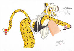  anthro ass bottomless breasts cellphone cheetah clothed clothing collar electronics felid feline female hair long_hair mammal no_underwear phone raised_tail shirt side_boob smartphone solo tail tank_top tirashanks_(artist) toony topwear vanilla_(tirashanks) 