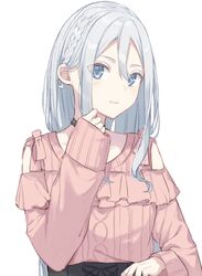  anataa bad_id bad_twitter_id black_choker blue_eyes blush bow braid choker closed_mouth clothing_cutout commentary cosplay female grey_hair hair_between_eyes hairbow highres jirai_kei light_smile long_hair long_sleeves looking_at_viewer pink_shirt project_sekai shinonome_ena shinonome_ena_(cosplay) shirt shoulder_cutout sidelocks smile solo sweat upper_body very_long_hair white_bow yoisaki_kanade 