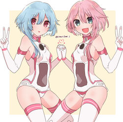  2girls absurdres bare_shoulders blue_eyes blue_hair blush elbow_gloves gloves haruna_(citrus_love_i) heart highres long_hair looking_at_viewer multiple_girls neptune_(series) open_mouth pink_hair power_symbol power_symbol-shaped_pupils siblings sisters smile symbol-shaped_pupils twins twitter_username white_sister_ram white_sister_rom 