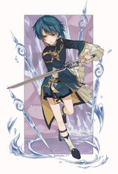  1boy absurdres blue_hair blush chinese_clothes earrings ethylene_ty frilled_sleeves frills genshin_impact highres holding holding_sword holding_weapon jacket jewelry liquid_weapon long_sleeves male_focus open_mouth otoko_no_ko short_hair simple_background single_earring solo sword water weapon xingqiu_(genshin_impact) yellow_eyes 