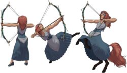  5_fingers accessory annette_oakley archer archery biped_to_quadruped bottomwear bow_(weapon) breasts centaur centaur_transformation cleavage clothed clothing collarbone equid equid_taur european_mythology eyebrows feet female feralcatalyst fingers greek_mythology hair hair_accessory hairband headband hi_res holding_bow_(weapon) holding_object holding_ranged_weapon holding_weapon hooves human humanoid humanoid_taur mammal mammal_taur mythology orange_hair plantigrade_to_unguligrade quadruped ranged_weapon red_hair simple_background skirt solo species_transformation split_form standing tail taur taur_transformation transformation transformation_sequence weapon white_background 