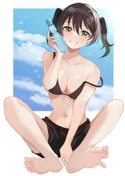  barefoot bikini black_bikini black_shorts blue_sky blurry blurry_background blush breasts cloud cloudy_sky collarbone eyelashes feet female green_eyes hair_between_eyes highres holding knees_up legs love_live! love_live!_nijigasaki_high_school_idol_club medium_breasts navel on_ground pukonuu ramune shadow shorts signature sitting sky smile soles solo spread_toes stomach strap_slip swimsuit takasaki_yu teeth thighs toenails toes twintails 