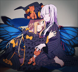  2girls abigail_williams_(fate) abigail_williams_(second_ascension)_(fate) black_bow black_kimono blonde_hair bow butterfly_wings commentary fate/grand_order fate_(series) hakusai_(tiahszld) insect_wings japanese_clothes keyhole kimono kneeling lavinia_whateley_(fate) long_hair looking_at_viewer multiple_girls orange_bow pale_skin parted_bangs photoshop_(medium) pink_eyes red_eyes red_nails smile stuffed_animal stuffed_toy symbol-only_commentary teddy_bear wings 