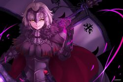  ahoge armor armored_dress artist_name black_background blush breasts cape commentary fate/grand_order fate_(series) female fur-trimmed_cape fur_collar fur_trim gauntlets grin headpiece jeanne_d&#039;arc_alter_(avenger)_(fate) jeanne_d&#039;arc_alter_(fate) large_breasts looking_at_viewer magic red_cape seraphim_throne short_hair smile solo white_hair yellow_eyes 