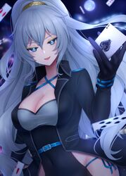  .live awai_shiro belt black_gloves blue_eyes blurry blurry_background breasts card cleavage collarbone commentary_request female full_moon gloves hair_between_eyes hair_ornament highres jacket large_breasts long_hair moon open_mouth ponytail rikumu solo virtual_youtuber 