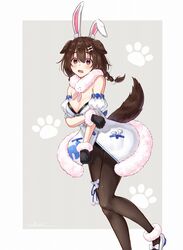  animal_ears arm_under_breasts bare_shoulders black_gloves black_leotard black_pantyhose blush bone_hair_ornament braid breasts bridal_garter brown_eyes brown_hair cleavage coat coat_dress commentary_request cosplay cutout_above_navel detached_sleeves dog_ears dog_girl dog_tail don-chan_(usada_pekora) dress embarrassed extra_ears female full_body fur-trimmed_coat fur-trimmed_gloves fur_scarf fur_trim gloves grabbing_own_arm grey_background hair_between_eyes hair_ornament hairclip highres hololive inugami_korone knee_up leotard leotard_under_clothes long_hair looking_at_viewer low_twin_braids medium_breasts oerba_yun_fang open_mouth pantyhose paw_print paw_print_background playboy_bunny puffy_detached_sleeves puffy_short_sleeves puffy_sleeves rabbit_ears scarf short_sleeves skin_fang solo standing standing_on_one_leg strapless strapless_dress strapless_leotard tail takimoto_nao twin_braids usada_pekora usada_pekora_(1st_costume) usada_pekora_(cosplay) virtual_youtuber white_coat white_scarf white_sleeves 