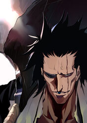  1boy black_hair bleach bleach:_sennen_kessen-hen collarbone grin highres ibaraki_shun male_focus medium_hair nozarashi_(shikai) parted_lips portrait scar scar_across_eye shikai smile solo zaraki_kenpachi 