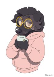  abilify_(character) absurd_res anthro beverage clothing coffee container cup eyebrows eyewear facial_markings fluffy fluffy_hair glasses hair half-length_portrait head_markings hi_res holding_container holding_cup holding_object hoodie hyena looking_at_viewer male mammal markings oonekoh portrait simple_background smile smiling_at_viewer solo spotted_hyena thick_eyebrows tired_eyes topwear 