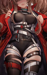  :d alternate_costume am1m angelina_(arknights) angelina_(distinguished_visitor)_(arknights) arknights ass_visible_through_thighs belt black_choker black_leotard black_thighhighs blush breasts breasts_apart brown_hair chinese_commentary choker close-up coat commentary_request covered_navel cropped_legs female hair_over_one_eye hairband head_tilt highres large_breasts leotard long_hair long_sleeves looking_at_viewer medium_breasts nail_polish nose_blush official_alternate_costume open_clothes open_coat open_mouth pink_nails pouch red_coat red_hairband sidelocks skin_tight skindentation smile solo thigh_strap thighhighs thighs twintails undressing very_long_hair wavy_mouth white_belt 