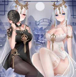  2girls arms_behind_back azur_lane black_dress black_pantyhose black_vs_white blue_eyes blush braid breasts chinese_commentary cleavage closed_mouth dress dual_persona emden_(azur_lane) emden_(moonsilver_union)_(azur_lane) feet_out_of_frame hair_ornament hand_fan highres holding holding_fan long_hair looking_at_viewer medium_breasts multiple_girls official_alternate_costume pantyhose red_eyes simple_background sitting thighhighs thighs tuanshan very_long_hair white_dress white_hair white_thighhighs winter_eclipse 