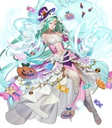  bandaged_leg bandages bare_shoulders bow breasts candy cookie detached_sleeves dress female fire_emblem fire_emblem:_mystery_of_the_emblem fire_emblem_awakening fire_emblem_heroes food frills full_body ghost green_eyes green_hair grey_hair halloween halloween_costume hanusu hat highres jewelry lips lollipop long_dress long_hair looking_away magic medium_breasts naga_(fire_emblem) naga_(halloween)_(fire_emblem) navel non-web_source official_art pale_skin pelvic_curtain pointy_ears pumpkin ribbon sarashi smile sparkle stomach tiara toeless_legwear toes transparent_background veil 