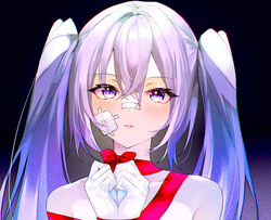  bad_id bad_pixiv_id bandaid bandaid_on_face bandaid_on_nose blue_eyes bound bound_wrists bow collarbone commentary female grey_hair hair_between_eyes hatsune_miku heart heart_hands long_hair looking_at_viewer mikaduki_3636 naked_ribbon open_mouth portrait red_bow ribbon solo twintails vocaloid 