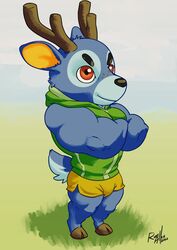  absurd_res animal_crossing anthro bam_(animal_crossing) black_nose blue_body blue_fur bottomwear brown_eyes clothed clothing crossed_arms deer freckles fur grass green_clothing green_topwear hi_res hooves horn jacket male mammal muscular muscular_anthro muscular_male nintendo plant russell_allen shorts solo standing topwear yellow_bottomwear yellow_clothing 