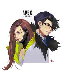  1boy :| absurdres apex_legends beanie black_eyes black_hair blue_eyes blue_headwear blue_necktie breasts brown_hair cleavage closed_mouth collared_shirt copyright_name cosplay costume_switch crypto_(apex_legends) crypto_(apex_legends)_(cosplay) expressionless female green_jacket grey_shirt hat highres jacket light_smile logo long_hair looking_at_viewer lsr mila_alexander mila_alexander_(cosplay) multicolored_hair necktie parted_lips purple_hair shirt streaked_hair sunglasses white_shirt 