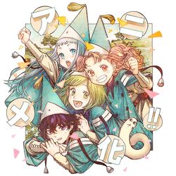  4girls agate_(tongari_boushi_no_atelier) announcement_celebration aqua_hair black_hair blue_eyes brushbug cloak coco_(tongari_boushi_no_atelier) green_eyes green_hair grin hat highres long_hair multiple_girls official_art open_mouth pink_hair qifrey&#039;s_atelier_apprentice_uniform riche_(tongari_boushi_no_atelier) shirahama_kamome short_hair smile speech_bubble tethia_(tongari_boushi_no_atelier) tongari_boushi_no_atelier wizard_hat 