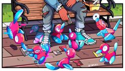  alternate_color artist_name bench border cd dark_skin denim eating evolutionary_line feeding floppy_disk glitch grass highres jeans out_of_frame outdoors outside_border pants pokemon pokemon_(creature) porygon porygon2 shiny_and_normal shiny_pokemon shoes sitting sneakers tail taplaos torn_clothes torn_pants wavy_eyes white_border 