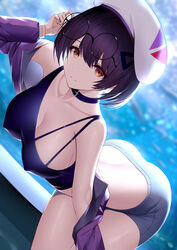  an_yasuri bare_shoulders bent_over beret blue_shirt blurry breasts choker cleavage collarbone covered_nipples crop_top depth_of_field downscaled female girl_cafe_gun glasses grey_shorts hand_on_eyewear hat highres jacket large_breasts looking_at_viewer midriff off_shoulder official_art open_clothes open_jacket purple_hair purple_jacket red_eyes resized revision round_eyewear shi_wu_you shirt short_hair short_shorts shorts sleeveless sleeveless_shirt smile solo taut_clothes taut_shirt thighs white_headwear 