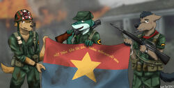  absurd_res assault_rifle canid canine canis cigarette clothed clothing colored domestic_dog fish flag fully_clothed group gun hi_res krahs_tsai m16 m16a1 m79 male mammal marine military military_uniform multicolored_body ranged_weapon rifle shark smoking text two_tone_body uniform vietcong vietnam vietnam_war vietnamese_text weapon wolf 