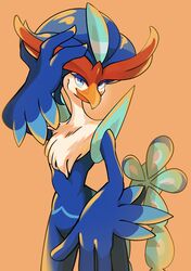  anthro avian beak blue_body blue_eyes blue_feathers feathers fluffy_chest generation_9_pokemon hi_res lidded_eyes nintendo orange_background orange_tubuan pokemon pokemon_(species) quaquaval simple_background solo yellow_beak 