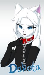  anthro armwear blue_eyes chains clothing collar dakota_(yeetboi420z) domestic_cat felid feline felis femboy first_person_view fur hair hi_res male mammal solo white_body white_fur white_hair yeetboi420z 