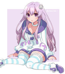  cosplay d-pad d-pad_hair_ornament dress female hair_ornament haruna_(citrus_love_i) highres long_hair nepgear neptune_(neptunia) neptune_(neptunia)_(cosplay) neptune_(series) open_mouth purple_eyes purple_hair sailor_dress smile striped_clothes striped_thighhighs thighhighs tongue tongue_out twitter_username 