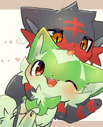  ambiguous_gender duo feral generation_7_pokemon generation_9_pokemon hi_res hug licking litten nintendo one_eye_closed open_mouth open_smile paw_holding pokemon pokemon_(species) red_eyes reruponzu simple_background sitting smile sprigatito teeth tongue tongue_out wink yellow_eyes 