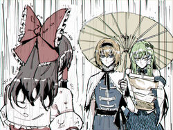  3girls alice_margatroid bag blonde_hair blue_eyes blue_skirt bow brown_hair capelet commentary detached_sleeves frog_hair_ornament frown glaring green_eyes hair_ornament hair_tubes hairband hairbow hakurei_reimu holding holding_bag holding_umbrella kaoru_(alicemakoto) kochiya_sanae long_hair multiple_girls oil-paper_umbrella rain red_bow red_shirt shared_umbrella shirt short_hair skirt snake_hair_ornament touhou umbrella upper_body water_drop white_capelet wide_sleeves wrist_cuffs yellow_eyes 