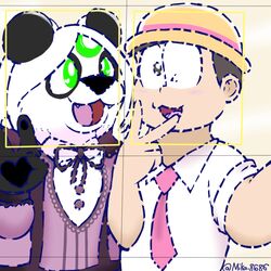  1:1 anthro bear black_body black_fur black_nose blue_line_art bow_tie clothing colored_line_art dress duo female fur fur_markings gesture giant_panda green_eyes hair hand_gesture hat headgear headwear heart_symbol human lunarpanda8686 male male/female mammal markings mika_(lunarpanda8686) mr._osomatsu necktie open_mouth purple_clothing purple_dress ribbons round_ears selfie simple_background slightly_chubby smile todomatsu_matsuno v_sign white_body white_fur white_hair 