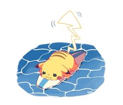  afloat bad_id bad_twitter_id ban_(ban62460424) black_eyes closed_mouth commentary full_body gigantamax gigantamax_pikachu no_humans pikachu pokemon pokemon_(creature) signature smile solo surfboard surfing_pikachu water 