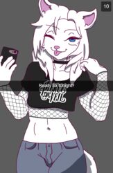  anthro blue_eyes bottomwear clothing crop_top dakota_(yeetboi420z) denim denim_bottomwear denim_clothing english_text felid fishnet_clothing fishnet_topwear fur hair jeans male mammal midriff navel pants pierce_the_veil selfie shirt snapchat solo text text_on_clothing text_on_shirt text_on_topwear tongue tongue_out topwear white_body white_fur white_hair yeetboi420z 