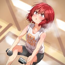  :o black_shorts blush breasts collarbone dumbbell dutch_angle exercising feet_out_of_frame female gojarun idolmaster idolmaster_cinderella_girls indoors murakami_tomoe red_hair shirt shorts sleeves_rolled_up small_breasts solo steam steaming_body sweatdrop twitter_username v-shaped_eyebrows weightlifting white_shirt 