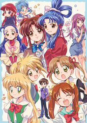  6+girls :d absurdres ahoge arms_behind_back black_pants blazer blonde_hair blue_bow blue_hair blue_overalls blush_stickers bow braid brown_hair closed_eyes closed_mouth collared_shirt commentary_request crossover daa!_daa!_daa! earrings facing_viewer flower forehead fujioka_haruhi fushigi_yuugi gakuen_alice genre_connection green_eyes green_sailor_collar hair_ribbon hand_up hands_on_another&#039;s_shoulders happy highres index_finger_raised jacket jewelry kaleido_star kero_kero_chime kodomo_no_omocha kou_shuurei kouzuki_miyu kukuri_(mahoujin_guruguru) kurata_sana long_hair long_sleeves looking_at_viewer magical_girl mahoujin_guruguru mimori_(kero_kero_chime) minami_kaede mirumo_de_pon! multiple_crossover multiple_girls naegino_sora necktie open_mouth ouran_high_school_host_club ouran_high_school_uniform overalls pants parted_bangs puchi_puri_yucie puffy_short_sleeves puffy_sleeves purple_hair purple_jacket purple_necktie red_flower red_hair red_ribbon red_rose reverse_trap ribbon rose sailor_collar saiunkoku_monogatari sakura_mikan school_uniform shirt short_hair short_sleeves smile sparkle star_(symbol) suzuki_(2red_moon3) twin_braids w white_shirt yucie yuuki_miaka 