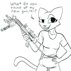  1:1 2023 anthro black_and_white bottomwear callmewritefag clothed clothing cobray_terminator dialogue digital_drawing_(artwork) digital_media_(artwork) domestic_cat drum_magazine english_text eyebrows eyelashes felid feline felis female foregrip fur gun hand_on_hip handgun hi_res holding_gun holding_object holding_ranged_weapon holding_shotgun holding_weapon katia_managan khajiit looking_at_viewer mammal microsoft monochrome optical_sight pants pistol prequel_adventure raised_eyebrow ranged_weapon shirt shotgun simple_background smile solo t-shirt tail talking_to_viewer text the_elder_scrolls topwear weapon zip_.22_(pistol) 