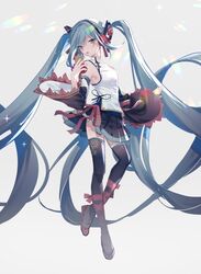  absurdly_long_hair aono_99 aqua_eyes aqua_hair bad_id bad_pixiv_id bare_shoulders black_skirt black_sleeves black_thighhighs cable character_name chinese_clothes commentary detached_sleeves diffraction_spikes female flower full_body grey_background hair_flower hair_ornament hand_up hatsune_miku hatsune_miku_expo highres holding holding_microphone lens_flare long_hair looking_at_viewer looking_to_the_side md5_mismatch microphone miniskirt open_mouth outstretched_arm pleated_skirt rainbow red_ribbon resolution_mismatch ribbon shirt skirt sleeveless sleeveless_shirt solo source_larger standing thighhighs twintails twitter_username very_long_hair vocaloid white_background white_shirt wide_sleeves zettai_ryouiki 