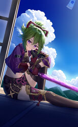  absurdres arm_belt arm_guards arm_on_knee belt black_belt black_mask black_shorts black_thighhighs blue_sky breasts closed_mouth cloud commentary_request crop_top cropped_jacket day dutch_angle female genshin_impact gloves green_hair hair_between_eyes hair_ornament highres holding holding_mask holding_sword holding_weapon hood hood_down jacket katana knee_up kuki_shinobu long_sleeves looking_at_viewer mask medium_breasts midriff mountainous_horizon mouth_mask navel open_clothes open_jacket partially_fingerless_gloves ponytail purple_eyes purple_jacket purple_rope rope shadow shimenawa shirt short_shorts shorts sidelocks sitting sky skym_(kumei) sleeveless sleeveless_shirt sliding_doors smile solo sword thighhighs unworn_mask weapon wind_chime 