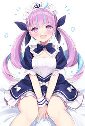  :d ahoge anchor anchor_symbol bed_sheet between_legs blue_bow blue_dress blue_hair blue_nails blue_ribbon blush bow breasts cleavage colored_inner_hair commentary_request dress female frilled_dress frills hair_ribbon hand_between_legs highres hololive long_hair looking_at_viewer maid_headdress medium_breasts minato_aqua minato_aqua_(1st_costume) multicolored_hair nail_polish notice_lines open_mouth pink_hair purple_eyes ribbon ringlets sasahara_wakaba sitting smile solo twintails two-tone_hair very_long_hair virtual_youtuber white_background white_bow wrist_cuffs 