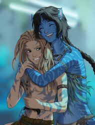  1boy alien arm_cuffs avatar:_the_way_of_water black_hair blue_skin blurry blurry_background braid braided_ponytail brown_hair closed_eyes colored_skin commentary dreadlocks english_commentary female full-body_tattoo height_difference highres hug hug_from_behind interspecies james_cameron&#039;s_avatar jay_kuro kiri_(avatar) light_brown_hair long_hair medium_hair na&#039;vi navel pointy_ears science_fiction short_hair_with_long_locks simple_background solo_focus spider_(avatar) straight tail tall_female tattoo teeth topless_male tribal upper_teeth_only 