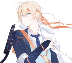  1boy absurdres blonde_hair blue_eyes blue_jacket blue_necktie bridal_gauntlets collared_shirt commentary_request headband highres jacket looking_to_the_side male_focus miyuki_(miyuki0529) necktie orange_headband parted_lips shirt short_hair simple_background sleeves_rolled_up solo touken_ranbu upper_body white_background white_shirt yamanbagiri_kunihiro 