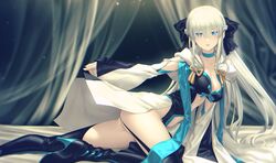  bed black_bow blue_choker blue_eyes blue_ribbon boots bow braid breasts center_opening choker cleavage clothing_cutout fate/grand_order fate_(series) female from_side garter_straps half_up_braid high_heels highres kawanakajima large_breasts long_sleeves looking_at_viewer morgan_le_fay_(fate) platinum_blonde_hair ribbon short_hair solo stomach_cutout thigh_boots thighhighs thighs two-tone_dress very_short_hair 