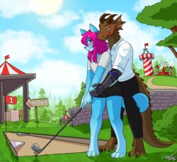  amusement_park anthro blue_body blue_fur blush breaks-the-stone clothed clothing domestic_cat duo felid feline felis fur golf golf_club golf_swing hair hi_res hug lizard male male/male mammal pink_hair reptile scalie skyy_keiino snaildoki space_station_13 sport tajaran 