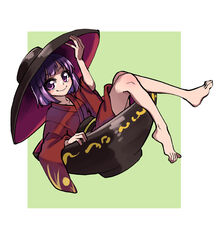  bare_legs barefoot blush border bowl bowl_hat breasts closed_mouth commentary_request feet female full_body green_background hand_on_headwear happy hat highres japanese_clothes kimono long_sleeves looking_at_viewer mini_person minigirl one-hour_drawing_challenge purple_eyes purple_skirt red_kimono renshirenji simple_background sitting skirt small_breasts smile sukuna_shinmyoumaru toes touhou two-tone_background white_border wide_sleeves 