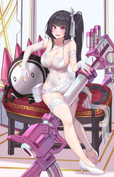  architect_(girls&#039;_frontline) arm_strap bare_shoulders belt black_hair blush breasts chinese_commentary cleavage covered_navel english_commentary female fingerless_gloves full_body girls&#039;_frontline gloves goliath_(girls&#039;_frontline) hair_ornament high_heels highres large_breasts long_hair looking_at_viewer mixed-language_commentary nail_polish non-humanoid_robot parted_lips pink_eyes pink_nails popoman robot sangvis_ferri side_ponytail smile solo thigh_strap weapon white_belt white_footwear white_gloves 