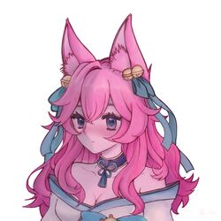  ahri_(league_of_legends) animal_ear_fluff animal_ears bare_shoulders breasts cleavage closed_mouth collarbone expressionless female fox_ears green_ribbons grey_background hair_ornament hair_ribbon highres large_breasts league_of_legends long_hair neck_ribbon pink_hair ribbon simple_background solo spirit_blossom_(league_of_legends) spirit_blossom_ahri upper_body xi_er 