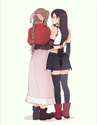  2girls aerith_gainsborough arm_around_waist arm_guards black_hair black_skirt black_thighhighs boots bow bracelet braid braided_ponytail brown_footwear brown_hair couple crop_top elbow_gloves final_fantasy final_fantasy_vii final_fantasy_vii_remake from_behind gloves hairbow highres jacket jewelry long_hair looking_to_the_side low-tied_long_hair multiple_girls pink_bow pudelmudel red_footwear red_jacket skirt standing thighhighs tifa_lockhart yuri 