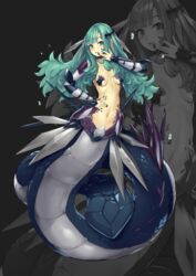  +_+ :q absurdres black_nails blunt_bangs blush breasts cleavage collarbone commentary_request fang_out female full_body green_eyes green_hair grey_background hand_on_own_hip hand_up headgear highres lamia long_hair looking_at_viewer monster_girl navel oerba_yun_fang original scales shitoi_(aqua1487) sidelocks small_breasts smile stomach tongue tongue_out zoom_layer 